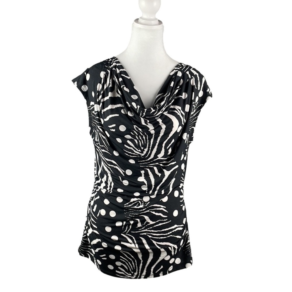 RAFAELLA Blouse with Black and White Pattern with Draped Neckline